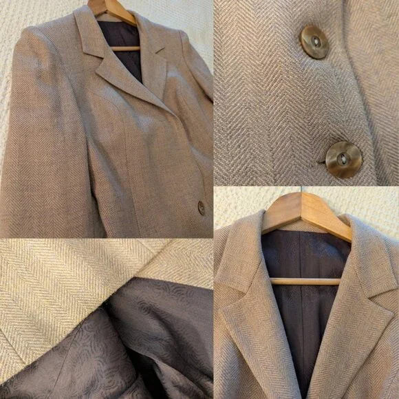 Vintage 1990s Custom Tailored Beige Wool Herringbone Blazer S/M - Picture 8 of 11